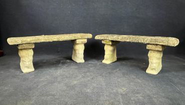 A pair of weathered composition stone three section garden benches. H.43.5 W.115 D.34cm.