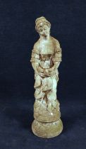 A weathered composition stone garden statue of a young maiden. H.84 Diameter of base 26cm.