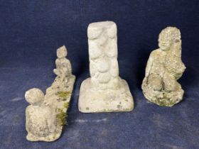 A miscellaneous collection of composition stone garden items. H.35 Base Dia.20cm. Pixies H.25 base