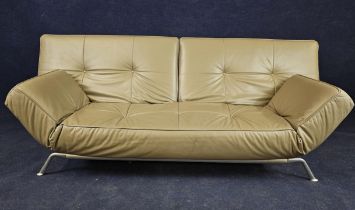 A Ligne Roset Smala beige leather upholstered sofa bed. H.90 W.230 D.110cm
