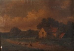 A 19th century oil on canvas Primitive school, shepherd tending his flock (damage as shown) H.34.5