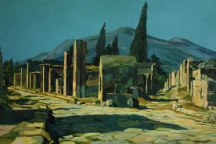 Peter Berrisford, oil on board, 'Crossroads in Pompeii', signed and dated. Label verso. H.63 W.