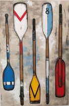 Silvia Matteucci, large oil on canvas of boat oars, signed. Unframed. H.120 L.80cm