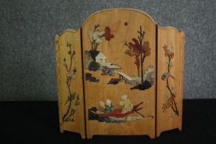 An early 20th century bamboo Chinese tabletop two fold screen, inlaid with carved pieces of