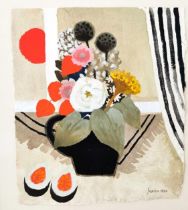 Mary Fedden, British (1915 - 2012), watercolour on paper, vase of flowers and fruit, signed and