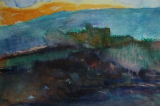 Diana Boyd, watercolour, 'landscape winter sun', signed Di, framed and glazed. H.38 W.47cm.