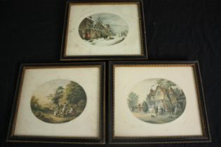 A set of three 19th century English school coloured prints, scenes of village life. H.24 W.27cm.(