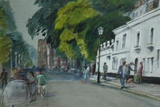 A contemporary watercolour mixed media view of Church Street Chelsea, indistinctly signed and