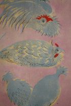 A mid 20th century woodcut, hens, signed E. Aldridge and dated 67. framed and glazed. H.43 W.31cm.