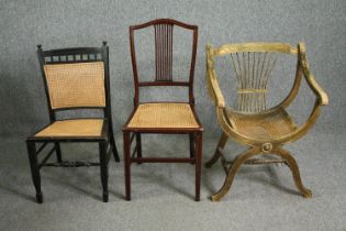 Three side chairs with caned seats, all circa 1900, including one with a painted x-frame, an