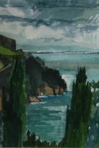 Diana Boyd, gouche, 'Storm over Amalfi', signed Di, framed and glazed. H.48 W.40cm.