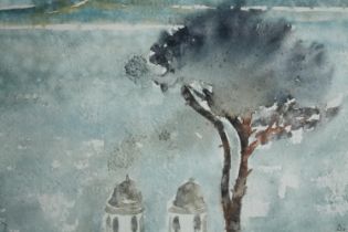 Diana Boyd, watercolour, a hill landscape with domed towers below, signed Di, framed and glazed. H.