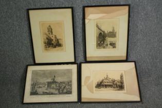 A group of four engraved prints, various locations including the Old Fortress of Livorno Italy, St