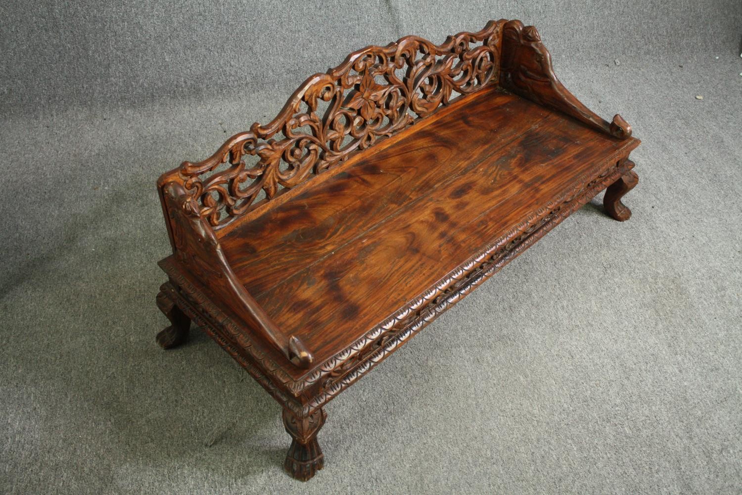 Hall seat, Eastern hardwood, profusely carved. H.54 W.121 D.50cm. - Image 2 of 6