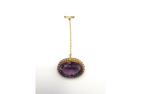 A Victorian yellow metal (tests as 14ct gold) amethyst and seed pearl oval cluster brooch, set - Image 2 of 4