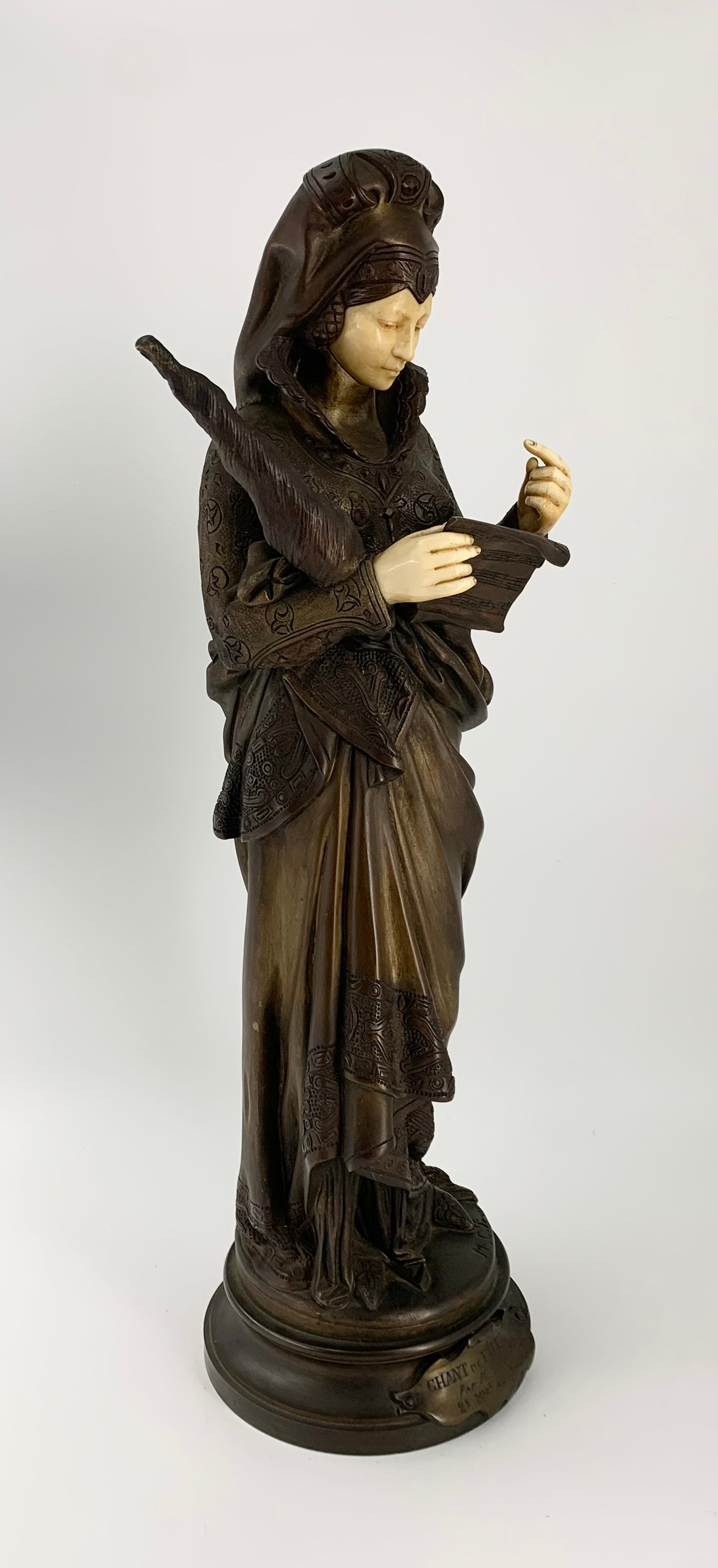 After Maurice Constant Favre (1875-1919), a bronze and ivory figure, medieval lady with musical - Image 4 of 7