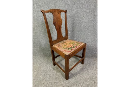 Dining chairs, a pair Georgian country oak with drop in tapestry seats. H.96cm (each) - Image 6 of 7