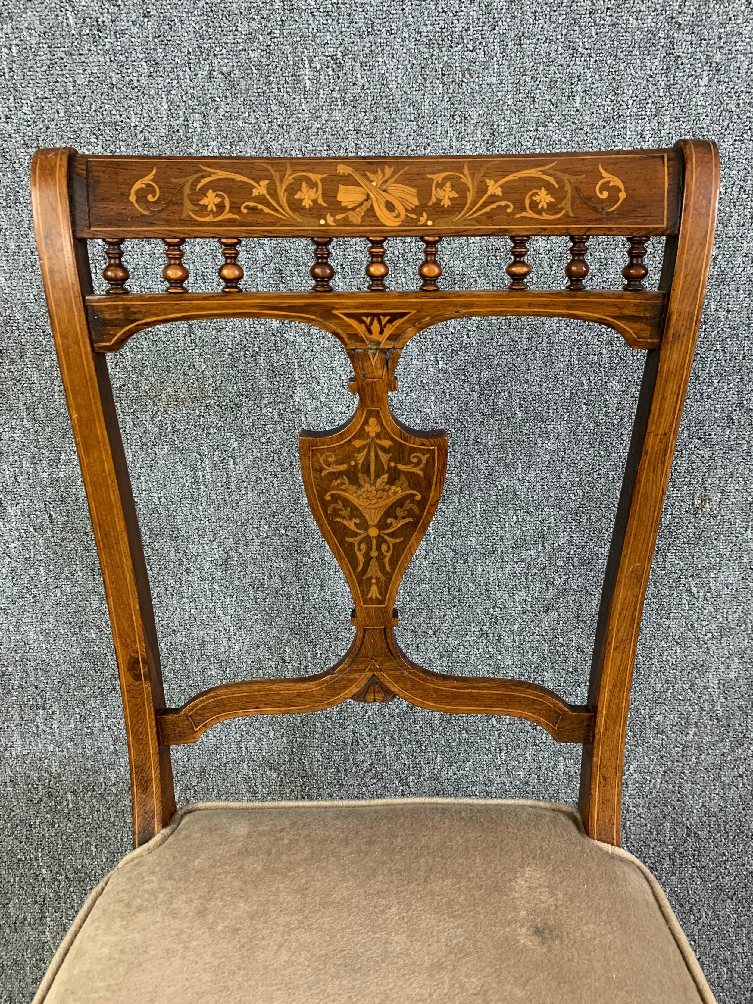 A set of four Edwardian rosewood and satinwood inlaid dining chairs reupholstered in piped velour. - Image 3 of 5