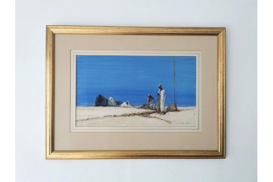 Dudley Hardy (1867-1922), a watercolour, Arab figures resting on the shore, signed, framed and - Image 2 of 7