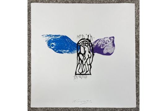 An indistinctly signed colour linocut print, figure with wings, with blind stamp. H.45 W.45cm - Image 1 of 5