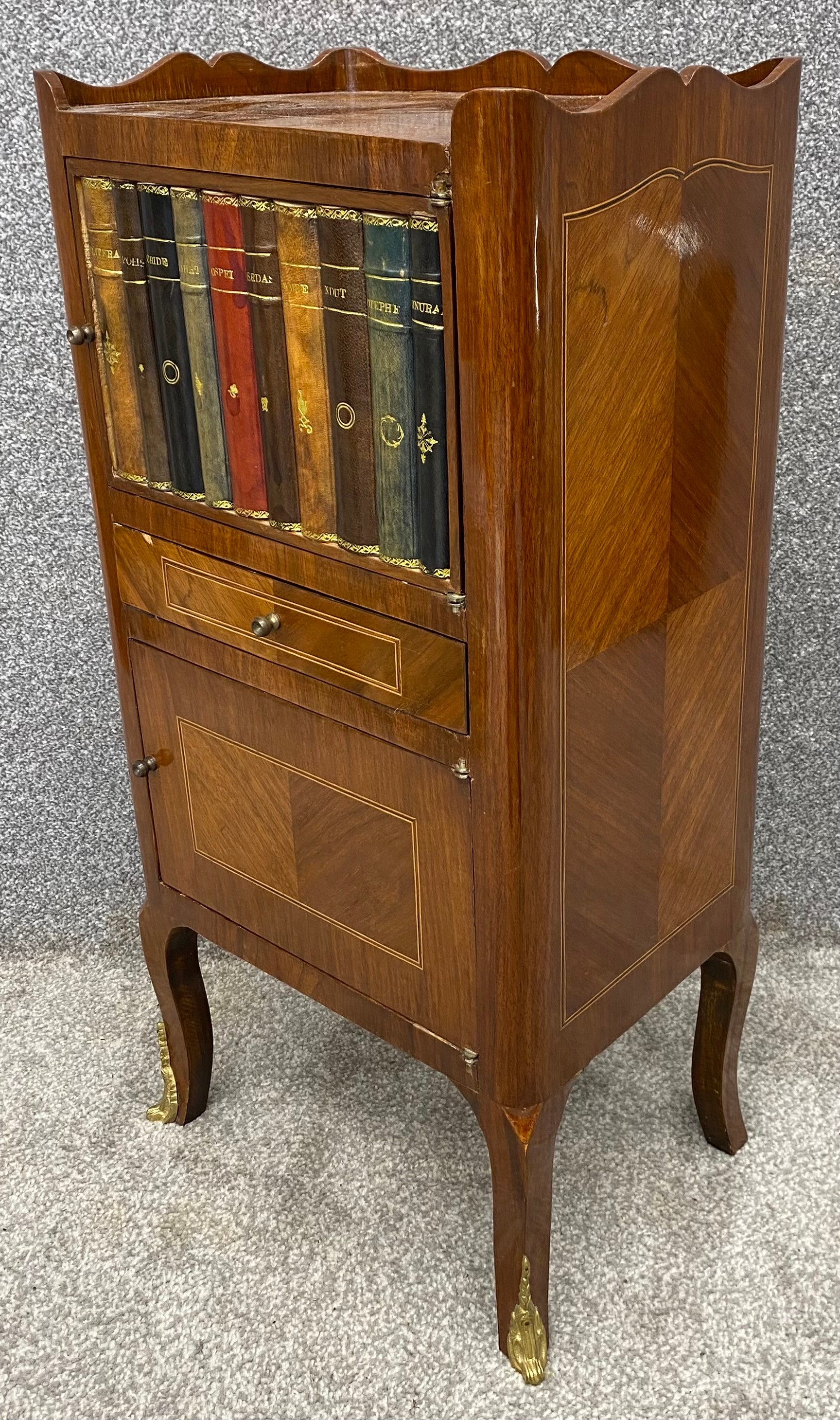 A pair of Louis XV style kingwood cabinets with faux book spine panel doors above drawers and - Image 5 of 5