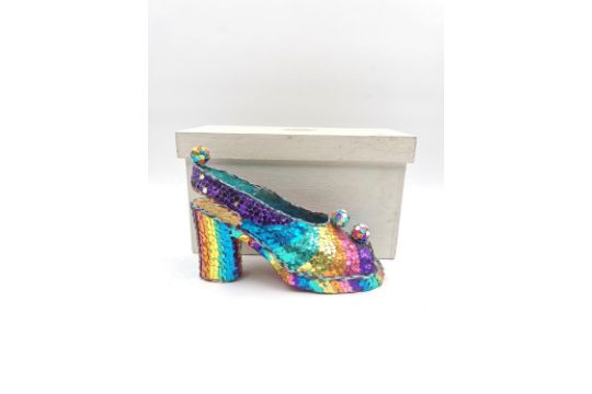 A hand made papier-mâché and sequinned model platform shoe in a painted wooden presentation box with - Image 1 of 6