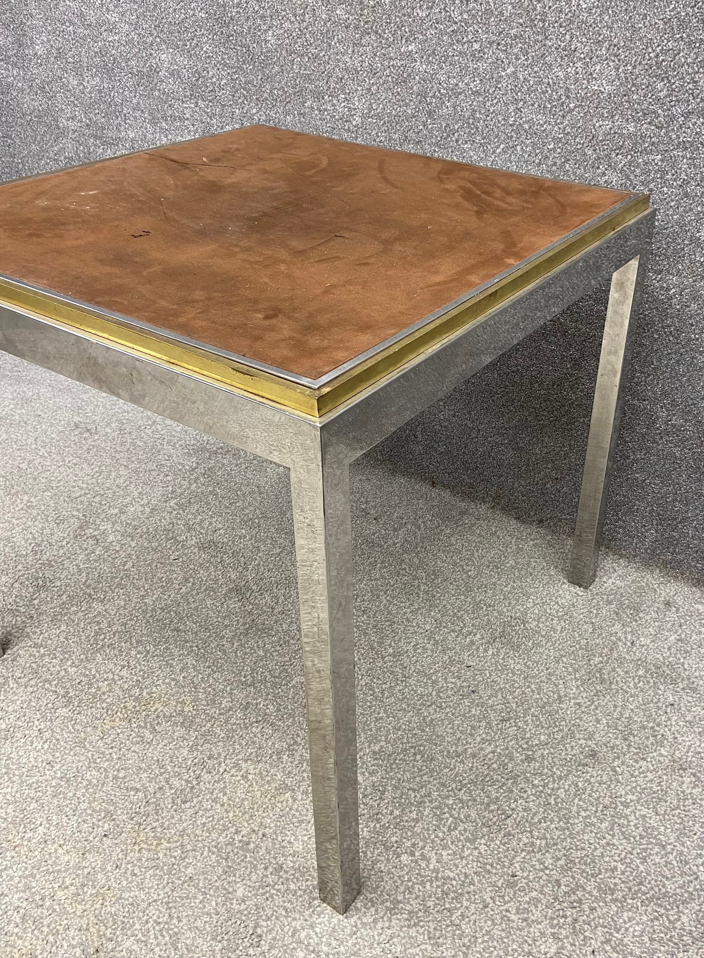 A 1970's vintage chrome and brass games table with lift out reversible top. H.75.5 W.80 D.80cm - Image 3 of 6