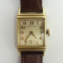 Hamilton manual wind gold plated wristwatch on a leather strap, 23mm x 37mm. Condition Report: In