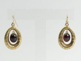 A pair of 9ct gold garnet drop earrings, 7.4 grams, 30mm.