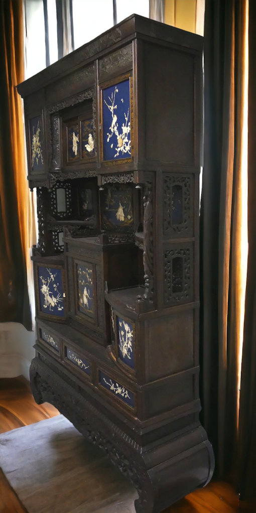 Late 19th century Japanese Meiji period Shibayama display cabinet, the blue lacquered panels - Image 4 of 21