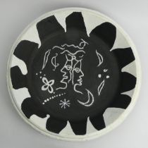 Pottery bowl, two heads white on a black background, signed J.P. 15 Viii 73 probably John Piper.