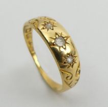 Edwardian 18ct gold three stone diamond ring, Birm. 1907, 2 grams, 5.4mm, size J1/2.