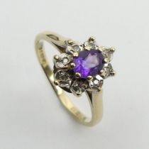 9ct gold amethyst and diamond ring, 2.2 grams, 11.5mm, size K1/2.