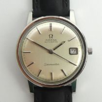 Omega automatic date adjust Seamaster watch on a black leather strap, 36mm inc. Omega button.