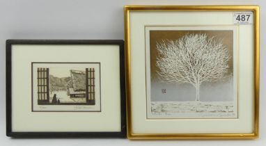 White Tree Woodblock print by Kunio Kaneko (Japan b. 1949), gilt framed and glazed, 26cm x 26cm