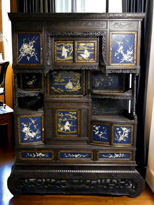 Late 19th century Japanese Meiji period Shibayama display cabinet, the blue lacquered panels - Image 2 of 21