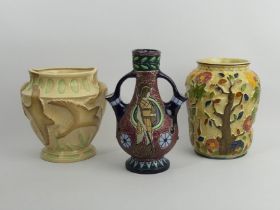 Burleigh ware Art Deco pottery vase, Amphora pottery vase and an Arthur Wood Indian tree vase,