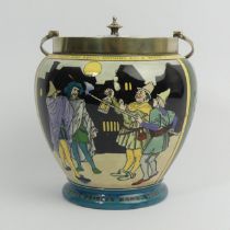 Foley Frederick Rhead Intarsio pottery biscuit barrel, 'Much Ado About Nothing', 26cm to top of