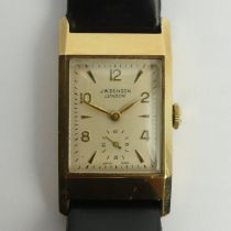 9ct gold Benson tank watch, case assayed by Birm.1955, 15 Jewel manual wind movement, 22mm x 39mm