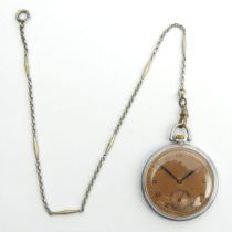 Timor nickel cased pocket watch with a bronzed dial and Albert chain, 44 x 56 mm. Condition