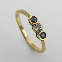 18ct gold sapphire and diamond three stone ring, 2.1 grams, 2.9mm, size P.