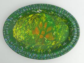 Hand painted oval pottery dish, butterfly design, signed J.P., probably John Piper, 40cm x 29cm.