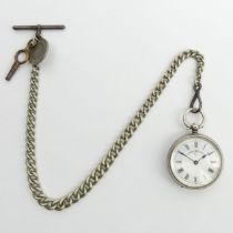 Silver fancy dial pocket watch and a graduated curb link Albert chain, watch 54 x 37mm, chain 19cm.