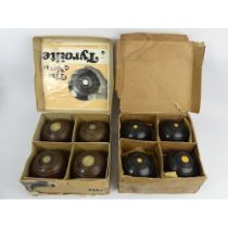 Two old boxed sets of bowling ball woods. UK Postage £20.