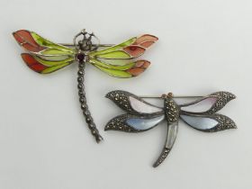 Sterling silver plique a jour dragonfly brooch and an abalone and marcasite example, 15.4 grams,