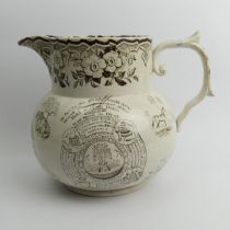 Unusual Victorian Staffordshire pottery underglaze brown water jug, profusely transfer printed, made
