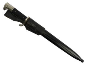 K98 bayonet scabbard and leather holder, 39.5cm.