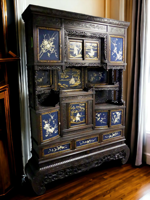Late 19th century Japanese Meiji period Shibayama display cabinet, the blue lacquered panels - Image 3 of 21