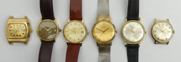 Six gents watches including Timex and Sekonda.