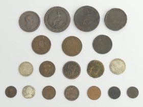 A small collection of 18th and 19th century coins, including Cartwheel pennies.